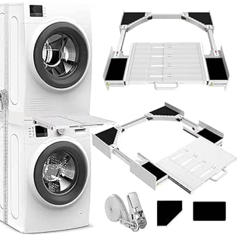 NIUXX universaalne vahepealne paigaldusraami komplekt pesumasina ja kuivati jaoks, pesumasina ühendusraami komplekt koos riiuliga, virnastuskomplekt koos rattaköiega, vahepealne paigalduskomplekt pesumasina jaoks