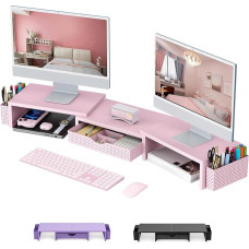 Dual Monitor Stand, lauaorganisaator sahtli ja 2 pliiatsihoidjaga, arvutimonitori statiiv, laudade riiul laua ülaosas (roosa)