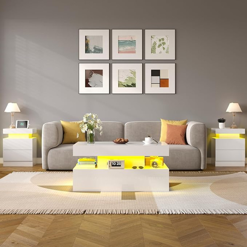 LUXOAK kõrgläikega 3-osaline elutoa lauakomplekt, moodne 3-osaline LED-kohvilaud, 2-tasandiline kohvilaud koos 2 küljelauaga, LED-valgustuse ja laadimisjaamaga öökapinad, valge värvi