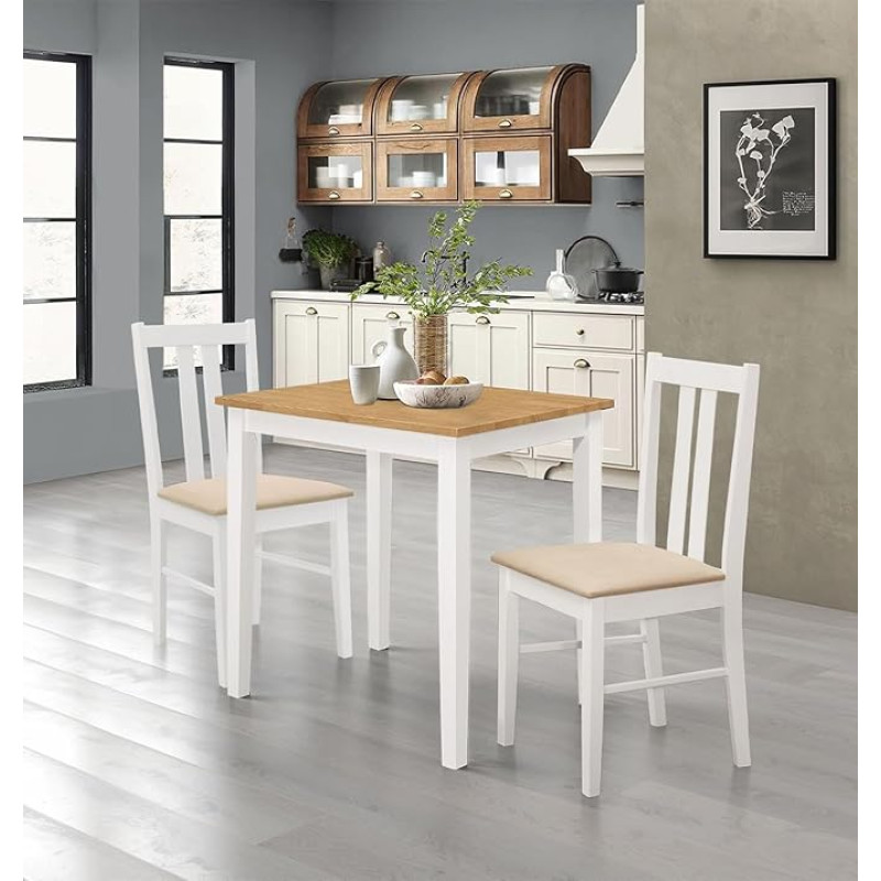 Hallowood Furniture Ledbury väike valge värvitud söögilaud ja toolid komplekt 2, täispuidust laud ja lamellitatud seljatugi väike laud ja valged toolid söögikomplekt