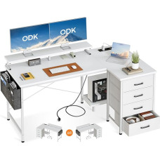 ODK nurgapult 4 riidest sahtliga, 140 x 80 cm, L-kujuline pööratav laud USB-laadimispordi ja pistikupesaga, L-kujuline laud koos monitori riiuliga kodukontorisse, valge