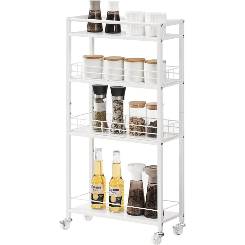 HOOBRO EWW17TC01 4-tasandiline süvistatav riiulite rulliv käru korvidega köögikäru kööki vannituppa söögituppa pesuruumi valge