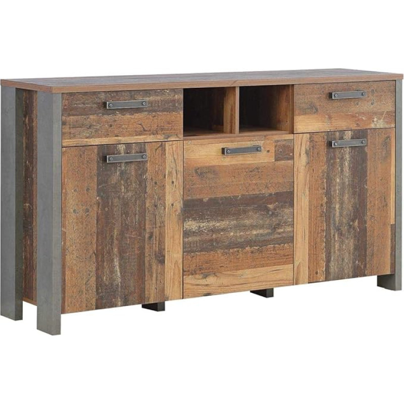 Forte Clif vana puidust kapp 3 ukse ja 2 sahtliga, vintage puidu / betooni välimusega, tumehall, 156,4 x 86,3 x 41,6 cm