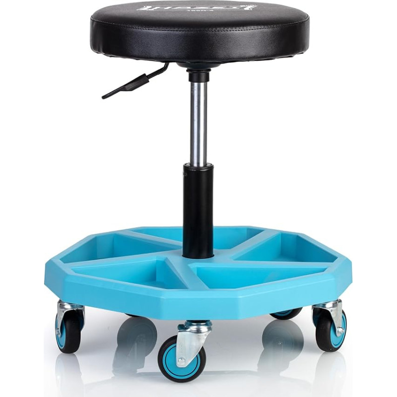 HAZET Work Seat 195N-4; Tugev kandiline toruraamkonstruktsioon; 5 siledat ratast 75 mm; reguleeritav kõrgus 430-550 mm; maksimaalne koormus 150 kg; suur istmepadi 350 mm