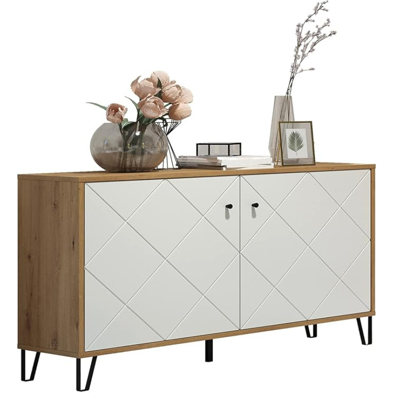 trendteam smart living - Touch - Sideboard - Artisan Oak / White - 2 ukse ja 4 sahtliga kapp - (B x K x S) 123 x 76 x 40 cm - moodsate metalljalgadega elutoa kapp