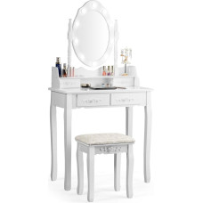 COSTWAY Riietuslaud koos tugitooliga, riietuslaud 360° pöörleva peegli ja 10 timmitava LED-valgustiga, kosmeetikalaud eemaldatava peegli ja 4 sahtliga, 75 x 40 x 146 cm (valge)