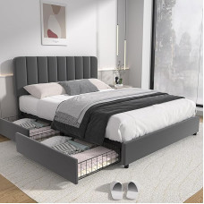 VECELO polsterdatud voodi 140 x 200 cm kaheinimesevoodi 4 hoiukastiga ja reguleeritava kõrgusega peaplaadiga, tugev voodiraam lamelliraami ja voodikastiga, samet, ilma madratsita, hall