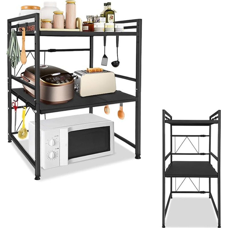 TANYEAR laiendatav mikrolaineahjuriiul, 3-astmeline mikrolaineahju hoidja, mikrolaineahju statiiv, köögi korraldaja statiiv 8 konksuga, hoiuruum, rippuv korraldaja, pagaririiulid köögi hoiustamiseks, must