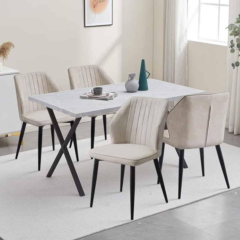 CLIPOP söögitoa söögilaud koos 4 tooliga, köögilaud ja polsterdatud söögitoolid käetoega restorani söögitoa kööki (kunstnahast beež tool, hall laud 140 x 80 x 75).