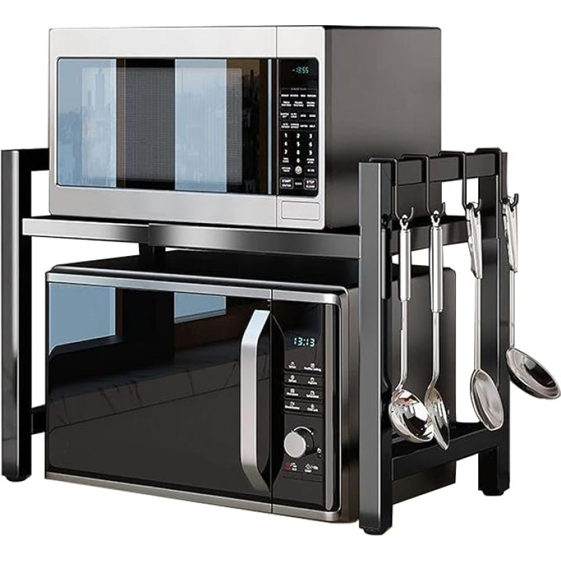 Pkouocry 2-tasandiline laiendatav mikrolaineahju riiul 40-65 cm, mikrolaineahju riiul 4 konksuga, köögiriiul süsinikterasest, must aluse korraldaja köögi tööpindadele (42 x 36,5 cm)