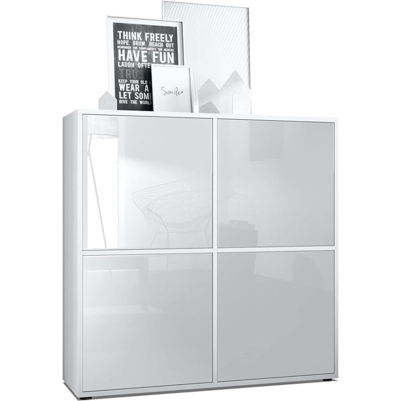 Vladon Cuba V2 Highboard 104 x 105,5 x 35,5 cm 8-kohaline küljepaneel, valmistatud Saksamaal, korpus mattvalge / esiküljed valge kõrgläikega.