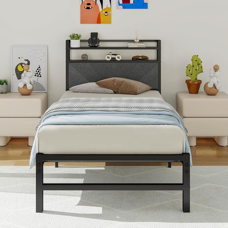 ARFARLY voodiraam üheinimesevoodi 90 x 200 cm metallist voodi noortevoodi kangast voodi - kvaliteetne voodiraam lamelliraamiga, peaosa rahulikuks uneks - vastupidav voodi 90 x 200 cm modernse disainiga tumehallis värvitoonis