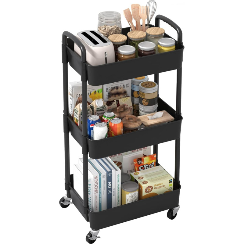 Sywhitta 3-astmeline köögikäru, tarbekäru, käepidemega rulliv hoiukäru, multifunktsionaalne serveerimiskäru, rullriiul kontorisse, elutuppa, kööki, must
