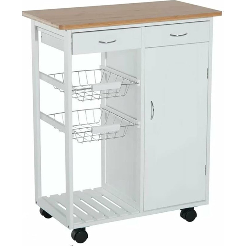 BAKAJI ruumi säästev valge puidust köögikäru 2 terasest puuviljakorvi sahtlitega söögiriistade salve 1 ukse ja 4 360 kraadi pöörlevate ratastega