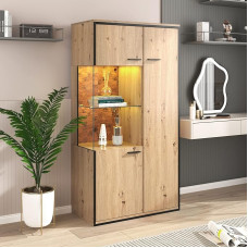 Azkoeesy vitriinkapp LED-valgustusega ja klaasriiuliga, 150 x 78 x 40 cm, puitmustriga disain, elutoa kapp, küljepaneel, Highboard, naturaalne