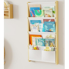 Laste puidust raamaturiiul 4-kihiliste taskute seinariiuliga Raamatud lapsed Montessori raamaturiiul mänguasjadeks lastetuba lastetuba mängutuba laste riiul raamatute hoiustamiseks 80 x 42 cm valge