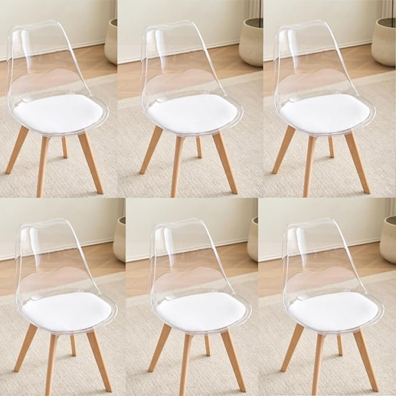 GrandCA HOME 6-st söögitoolist koosnev komplekt PU nahast istmepatjadega, läbipaistvad küljetoolid kööki, söögituppa, magamistuppa (valge/PU)