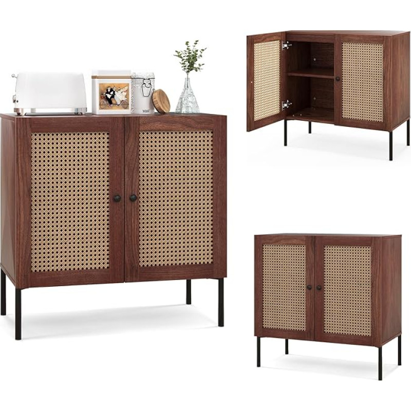KOMFOTTEU Sideboard Sideboard 2 rotangist uksega, buffet hoiukapp, puit, kapp, külgkapp reguleeritava riiuliga, köögikapp, seisev kapp, 80 x 40 x 80 cm (pähkelpuu)