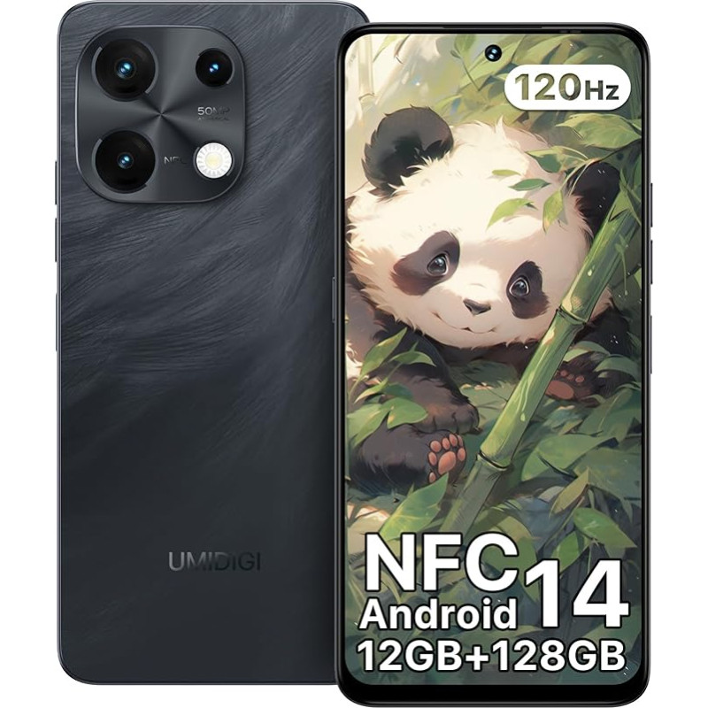 UMIDIGI Note 100 mobiiltelefon, Android 14 nutitelefon ilma lepinguta, 120 Hz Octa-Core, 12 (6 + 6) GB + 128 GB mobiiltelefon ilma lepinguta, 6,8 tolli, 50 MP, näo- ja sõrmejälg, NFC, 5000 mAh, GPS