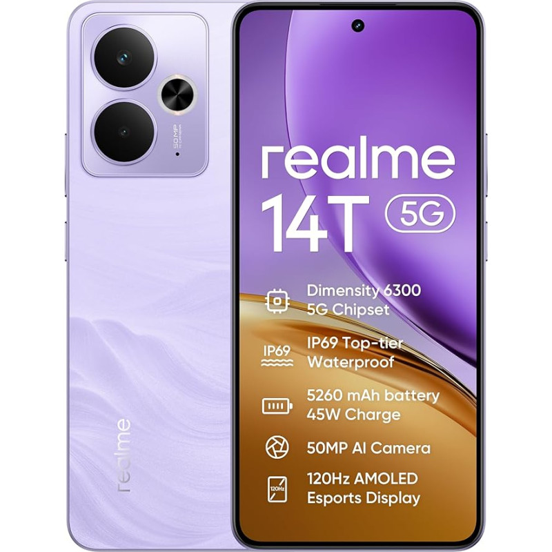 realme 14T nutitelefon 5g, 8+256GB, 5260mAh aku, Dimensity 6300 kiibistik, IP69 veekindel, 50MP kaamera, 120Hz ekraan koos Eye-Care efektiga, lilla, Amazon Exclusive (ilma adapterita)