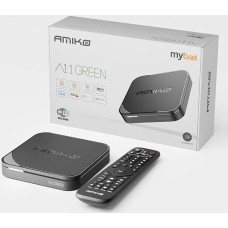 AMIKO A11 Green 4K UHD Android 11 TV Box, Dual Band WiFi WLAN, HDR10+, HLG, 2GB RAM & 16GB Flash, TV IP vastuvõtja, Bluetooth 4.0, MYTV3, SD kaardipesa, USB 2.0 & 3.0, HEVC, infrapunaühendus.