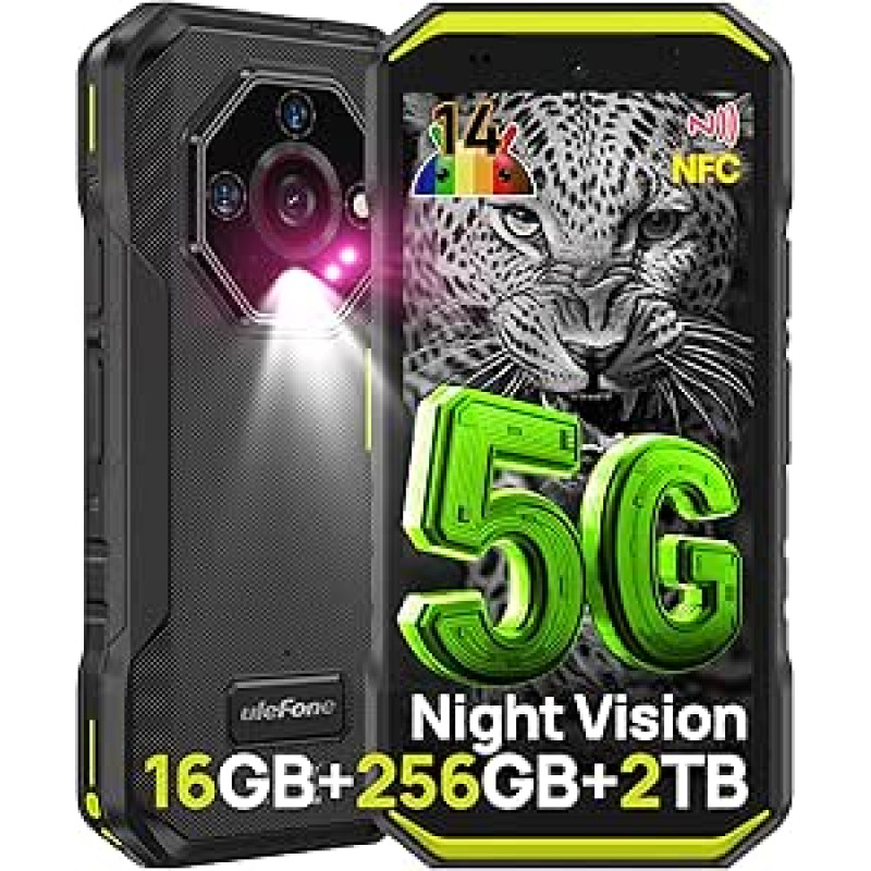 Ulefone Armor X32 Pro 5G Outdoor mobiiltelefon 2025, 16GB + 256GB / SD-2TB 64MP + 16MP + 25MP öine nägemine 5,65-tolline pimestav taskulamp 5500mAh Android 14 nutitelefon 3-pesa / Face ID / sõrmejälg / OTG / NFC roheline