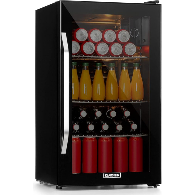 Klarstein Drinks Fridge, Small Fridge with 3 Shelves, Mini Fridge Silent for Office Camping Outdoor, Mini Fridge with Glass Door, Mini Fridge 3-10°C, Beer Fridge 80 Litres, Black