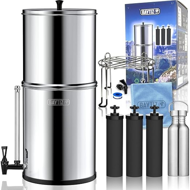 BAYTIZ ® Large Outdoor Water Filter, Gravity Water Filter, Drinking Water Filter with Activated Carbon Filter, Compatible with Berkey Water Filters, Camping Drinking Water Filter, Filter System,