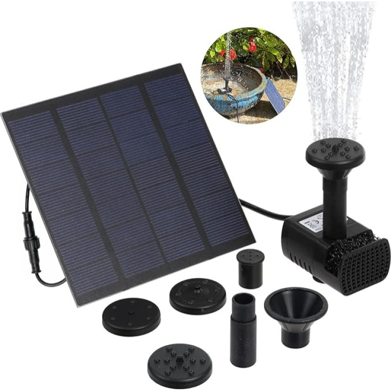 1.8 W Solar Pump Pond Pump, Fountain Pump with 4 Different Nozzles, Solar Water Pump Fountain Pump for Garden Pond Fountain, 180 L/h, Height 0.6 m, 3 m Ultra Long Cable
