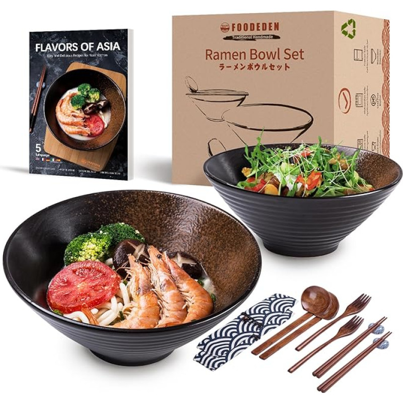 Ceramic Soup Bowl Set, 2 x 1500 ml Pottery Ramen Bowl, Large Japanese Noodle Bowls with Spoon and Sticks, Traditional Asian Tableware Set, for Udon, Pasta, Pho, Soba, Cereal & Salad