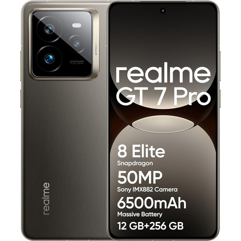 realme GT 7 Pro 5G nutitelefon 12 + 256 GB, Snapdragon® 8 Elite kiibistik, AI Ultra-Clear Snap Camera, 120 W Supervooc Charge, 6500 mAh Titanium aku, IP69, veealune avamine, Hall (ilma adapterita)