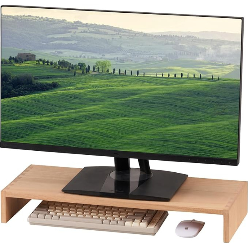 KIRIGEN Wooden Monitor Stand - Desktop Organiser for PC/Laptop/TV/Printer, Office Attachment with Storage Space, Length 59 cm, Natural Colour