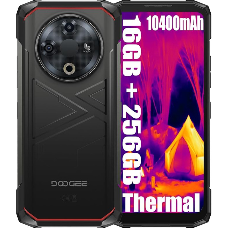 DOOGEE Fire 6 Thermal Imaging Rugged 4G nutitelefon ilma lepinguta, 16GB + 256GB, aku 10400mAh / 18W, 50MP + 8MP Simlock-free mobiiltelefonid, 6.56 Pollici, Face ID, 15.8mm õhuke must