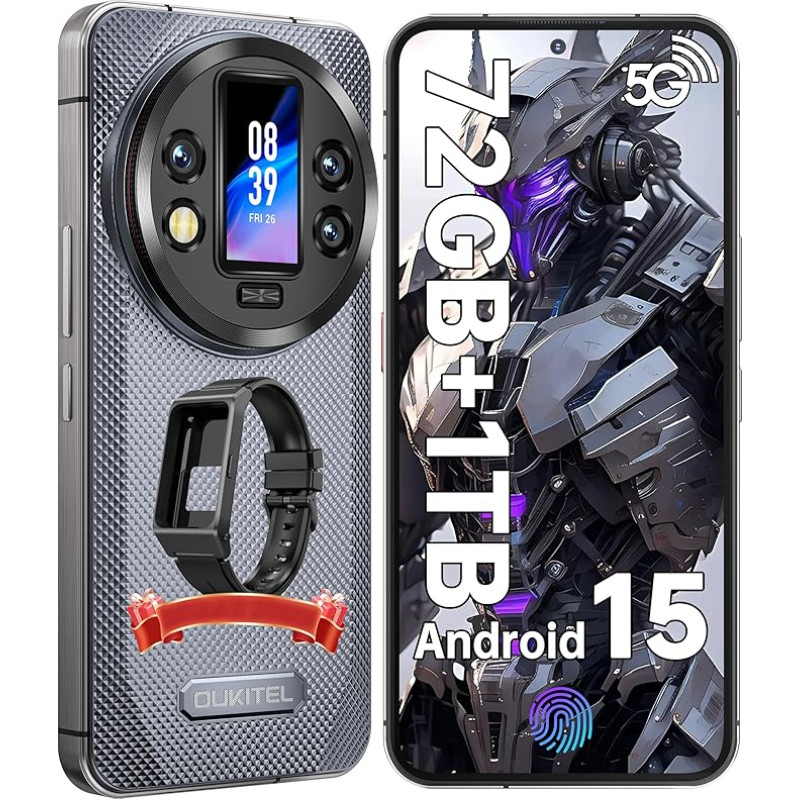 OUKITEL WP200 Pro 5G mobiiltelefon väljas - Android 15 72GB+1TB nutitelefon koos nutikellaga, 6,7-tolline AMOLED FHD+ 120 Hz veekindel ilma lepinguta 8580mAh/45W, 108MP kaamera, 5G Dual SIM/NFC/WiFi 6