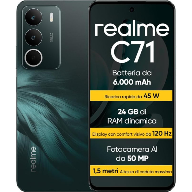 realme C71 nutitelefon 8+256GB 6300mAh aku 45W kiirlaadimine 120Hz vaatamismugavus ekraan roheline