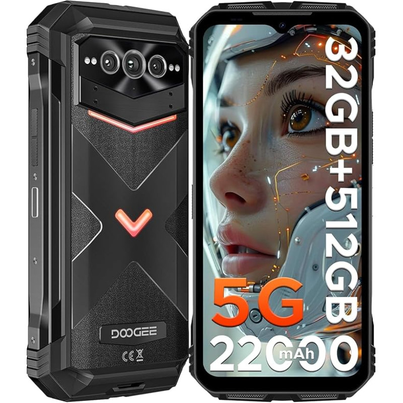 DOOGEE VMAX PRO Välitingimustes kasutatav mobiiltelefon 5G, 32GB RAM + 512GB ROM Android 14 Välitingimustes kasutatav nutitelefon 22000mAh 6,58-tolline FHD + 120Hz ehitusplatsi mobiiltelefon 108MP + 16MP + 20MP öönägemiskaamera WiFi 6