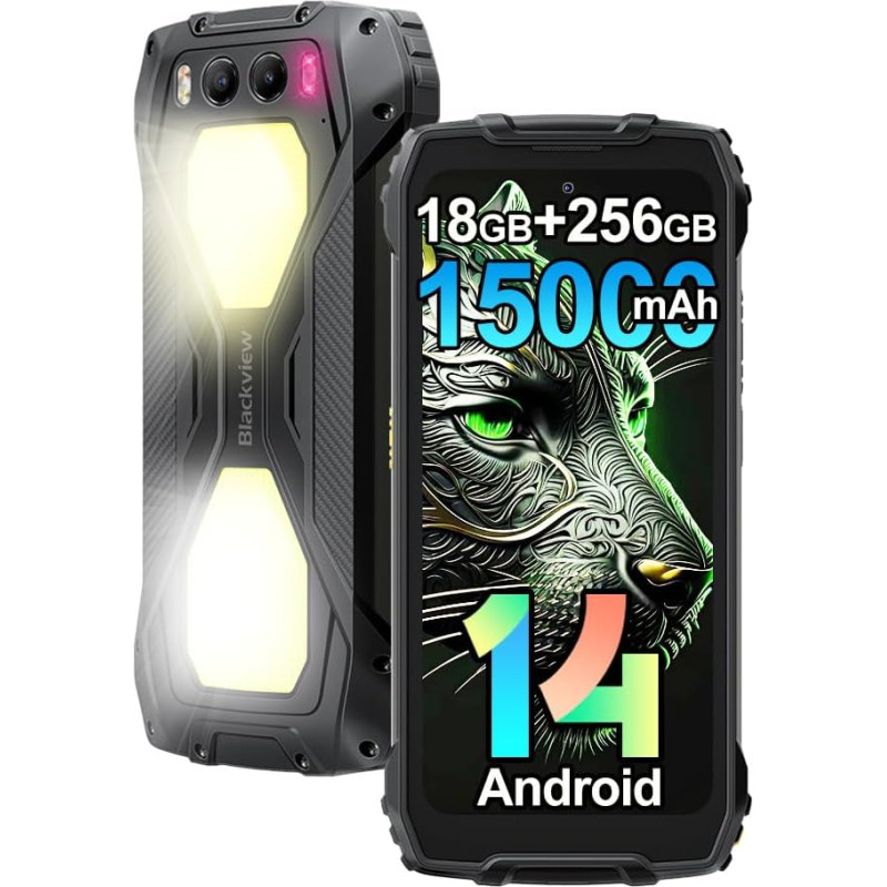 Blackview BV7300 Outdoor mobiiltelefon (2025), 15000mAh/45W, G81 Octa Core, 18GB + 256GB (2TB), Dual 800LM Camping Light, 6,67-tolline 90Hz ekraan, 50MP + 32MP + Night Vision 20MP, nutitelefon ilma