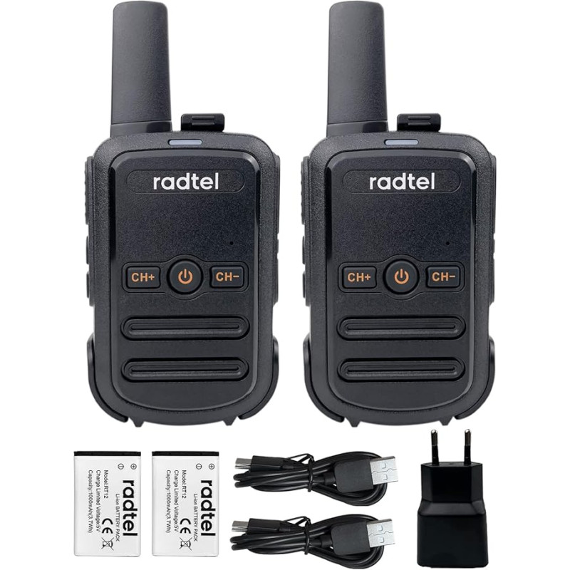 Radtel RT12 laetav Walkie Talkies täiskasvanutele Pika ulatusega käeshoitav litsentsivaba PMR 446 raadio 16CH Hands-Free VOX telkimiseks matkamiseks (must)