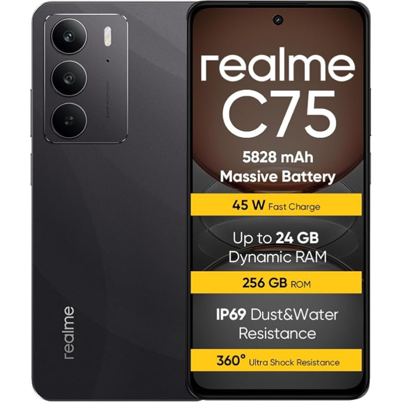 realme C75 nutitelefon 8+256GB IP69 5828mAh aku - klaasist ArmorShell™2 - Super terav 50MP kaamera, 45W kiirlaadimine - must (ilma adapterita)