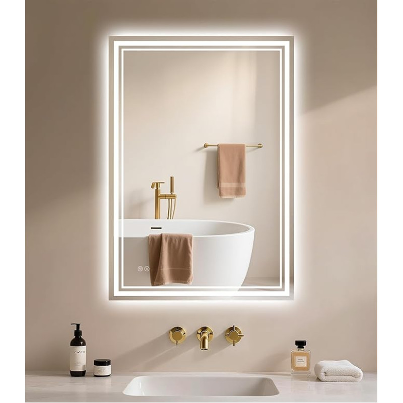 Vannitoa peegel koos valgustusega 40 x 60 cm - Vannitoa peegel LED - Vannitoa peegel udukogumisvastase lülitiga Dimmerdatav 3 valgusvärvi Demogging Wall Mirror IP44 LED peegel Vannituba Horisontaalne