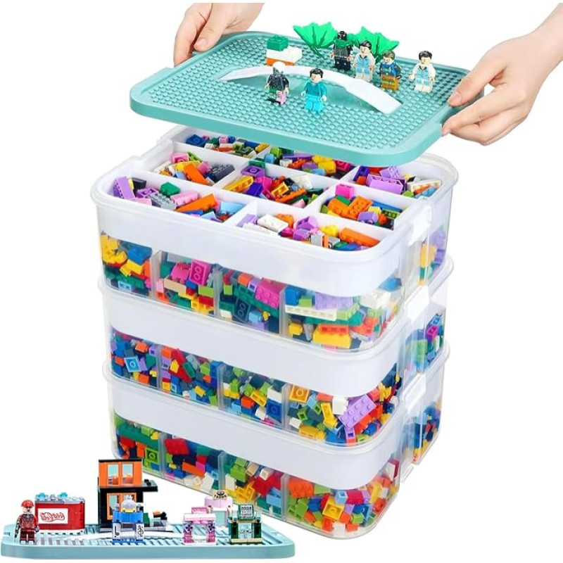 alouweekuky laste hoiukast kaanega Lego ehitusplokkide jaoks, 3 tasandi hoiukastid Lego jaoks, virnastatav plastist hoiukast, läbipaistev koos sektsioonidega laste mänguasjade hoidmiseks