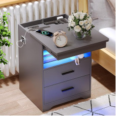 FREDEES LED öökapp peidetud sahtliga, öökapp laadimisjaamaga ja 3 värvi inimsensoriga valgustid, kaasaegne öökapp koos hoiuruumiga, hall