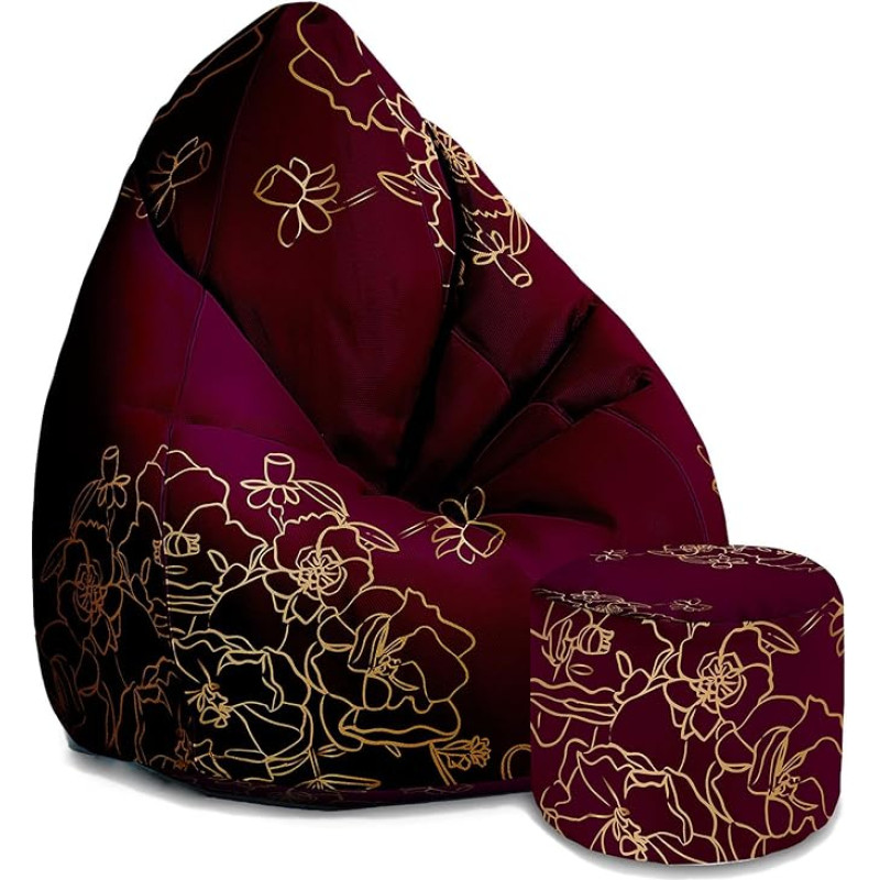 DreamRoots Täidisega täiskasvanute Bean Bag 80 x 80 x 120 cm - Bean Bag Tool - Bean Bags koos seljatoe ja kaanega - Bean Bag Tool - Chill Chair Oxford Gold Roses