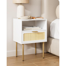 HEYZOEY Boho Öölaud, väike rotangist küljelaud koos sahtli ja tammepuust riiuliga magamistuppa, elutuppa, kontorisse, valge