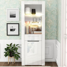 Merax LED-valgustusega vitriinkapp, 1 ukse ja 1 sahtliga vitriinkapp, klaasist vitriinkapp, kus on palju hoiuruumi, kaasaegne hoiukapp, raamatukapp, seisev vitriinkapp eluruumi jaoks