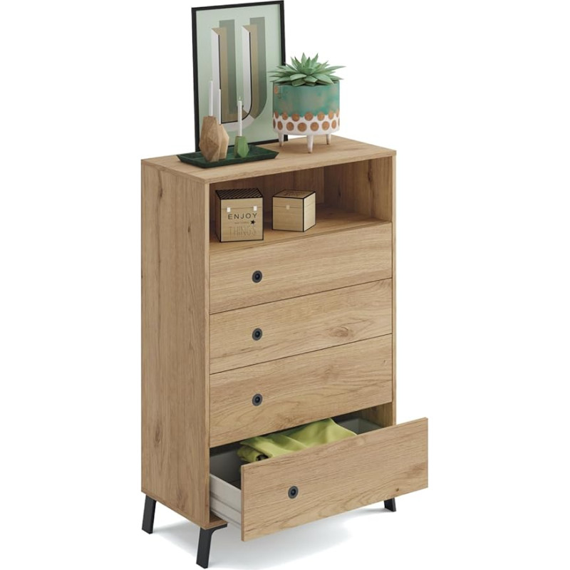 MUEBLES PITARCH Tööstuslik kapp Symphonier 4 sahtlit metallist jooksikutega 1 auguga kapp magamistuppa Mustad jalad ja käepidemed Kuldne tamm 110 x 40 x 40 cm (K x L x S x S) Kollektsioon