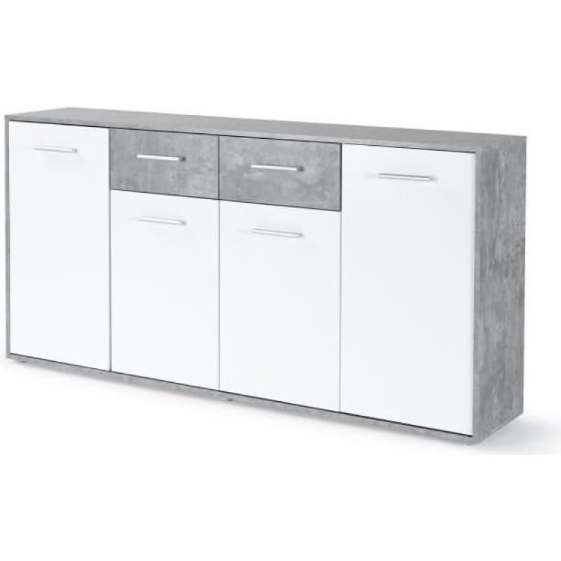 Forte ANTUZA kaasaegne kapp 160 170, valge küljepaneel 4 ukse ja 2 sahtliga, puitmaterjal, betooni välimus, helehall/valge, 162,3 cm lai x 88,1 cm kõrge x 34,2 cm sügavus