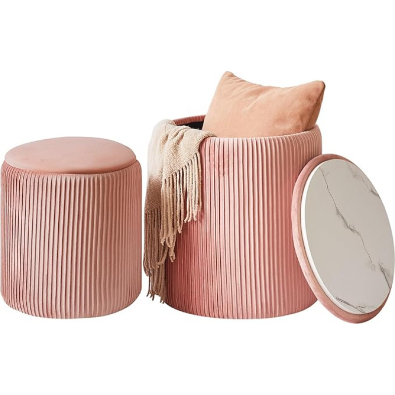 IBUYKE 2 ümmarguse Ottomani komplekt koos hoiukohaga, sametist Vanity Stool meikimiseks, kaasaegne polsterdatud istme kohvilaud, multifunktsionaalne jalatoega tool elutuppa ja magamistuppa, roosa WBD005P