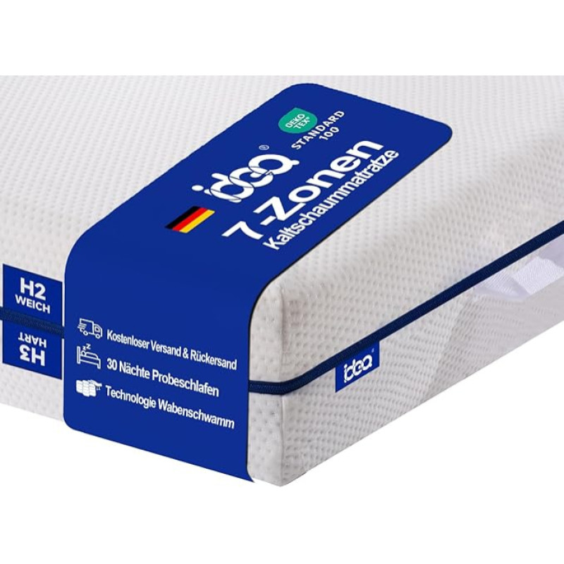 IDEA madrats 90 x 200 cm, 2-in-1 kõvadusastme orto-külmavahtmadrats, ortopeediline 7-tsooniline madrats, kõvadus H2 ja H3, pehme ja kõva, Öko-Tex sertifitseeritud (kõrgus 18 cm, 90 x 200 cm)