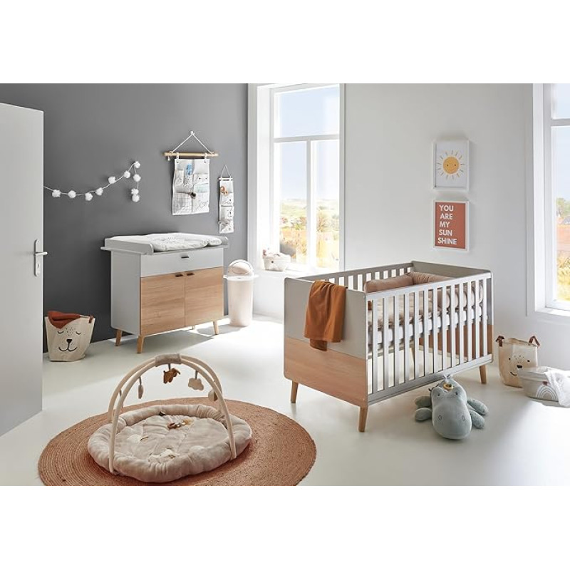 Arthur Berndt Lovis beebitoa komplekt, 2-osaline muutmislaud Soft-Close, beebivoodi 70 x 140 cm, helehall, Nagano tamm, reguleeritav kõrgus